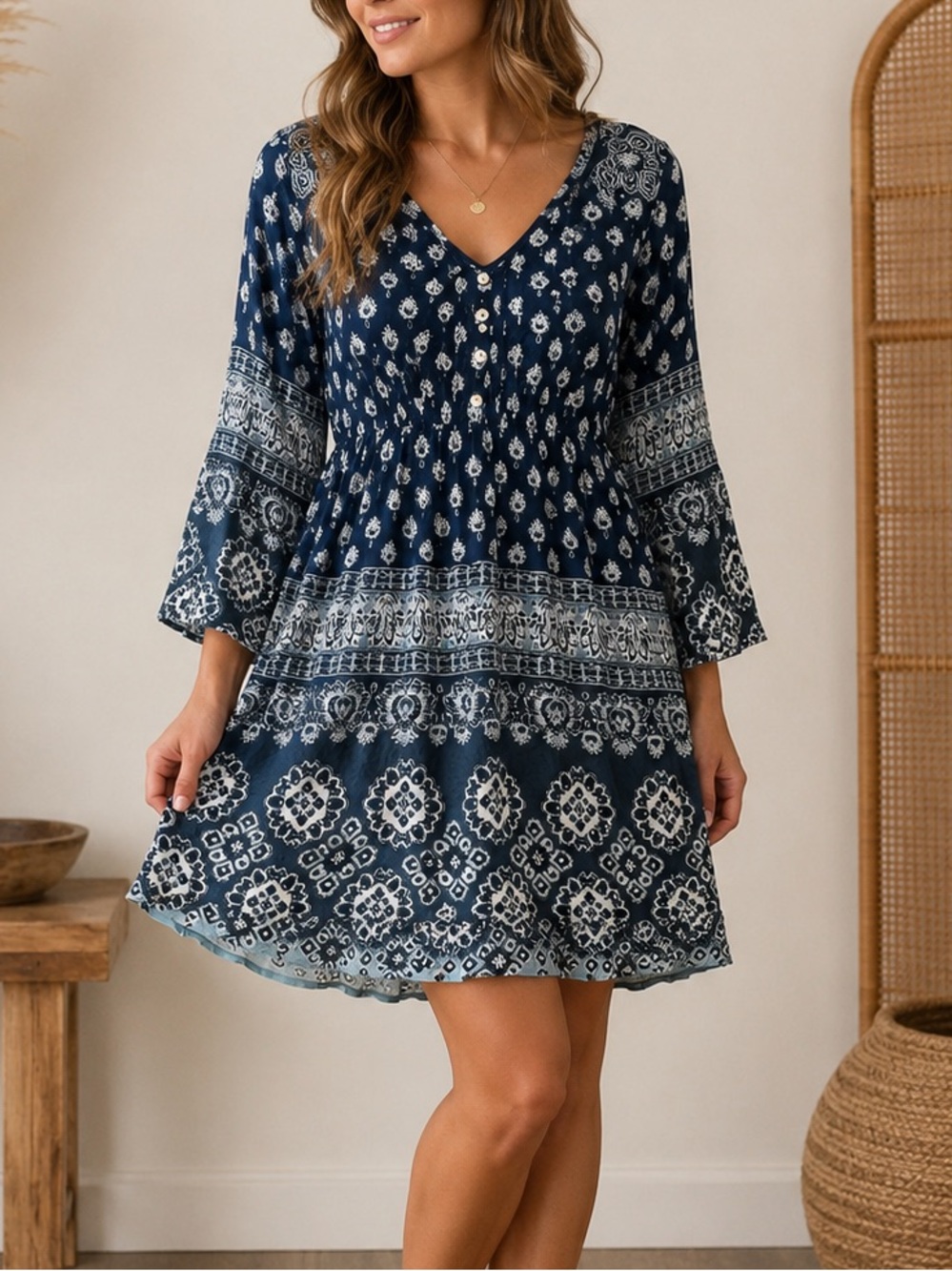 Altar'd State Women’s Navy Boho Floral Shift Dress Size Medium